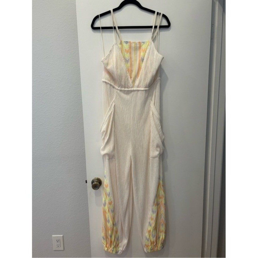Free People FP Movement Women S Cream Ribbed Neon Embroidered Jumpsuit OB1301501